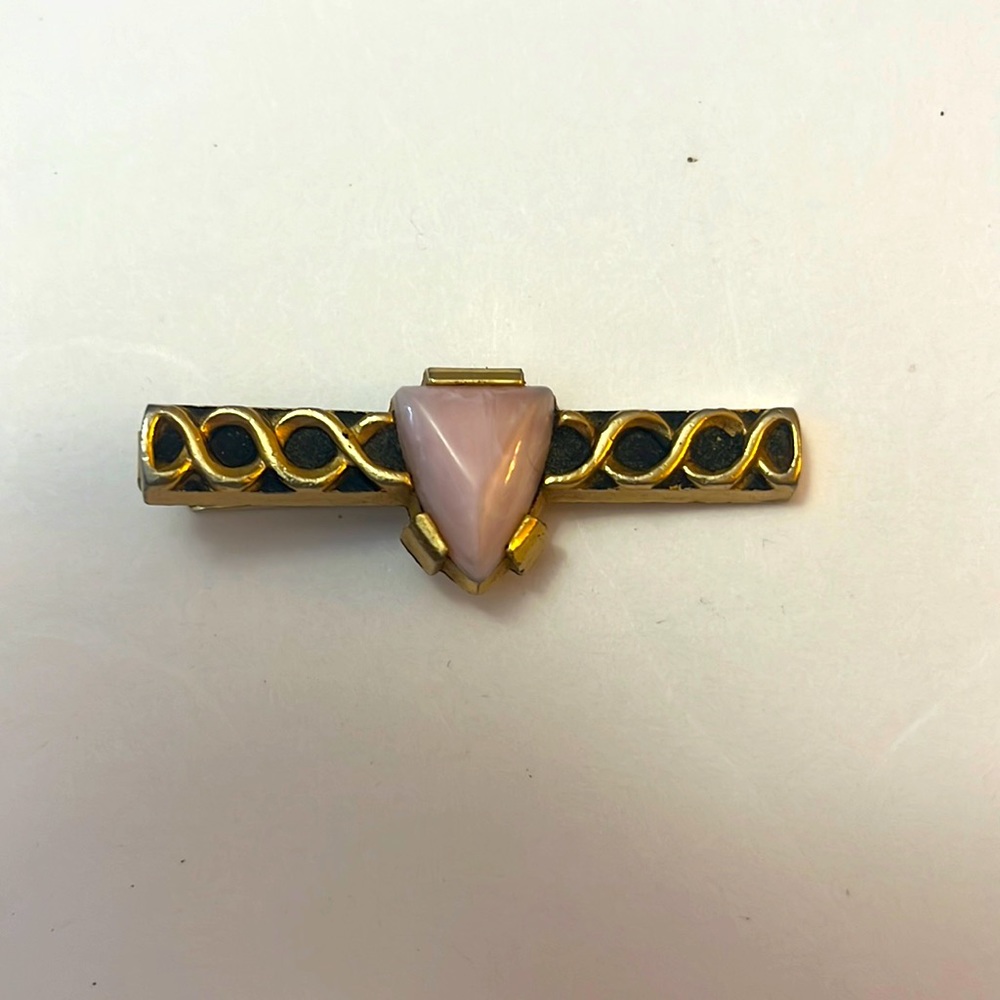 Vintage Mid Century Signed Anson Tie Bar Clip Goldtone Pink Stone 2"